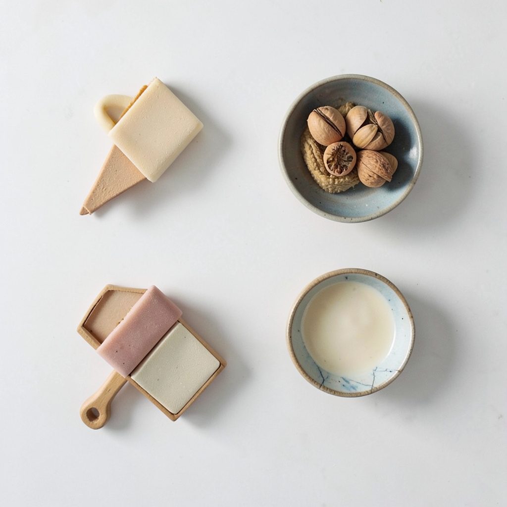 Overhead flat-lay of warm-toned paper documents, a small model tower, and a coffee cup on a soft beige surface, in muted sepia and taupe with gentle natural shadows.